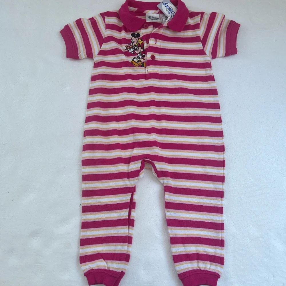 NWT Vintage the Disney store pink and white striped polo baby romper